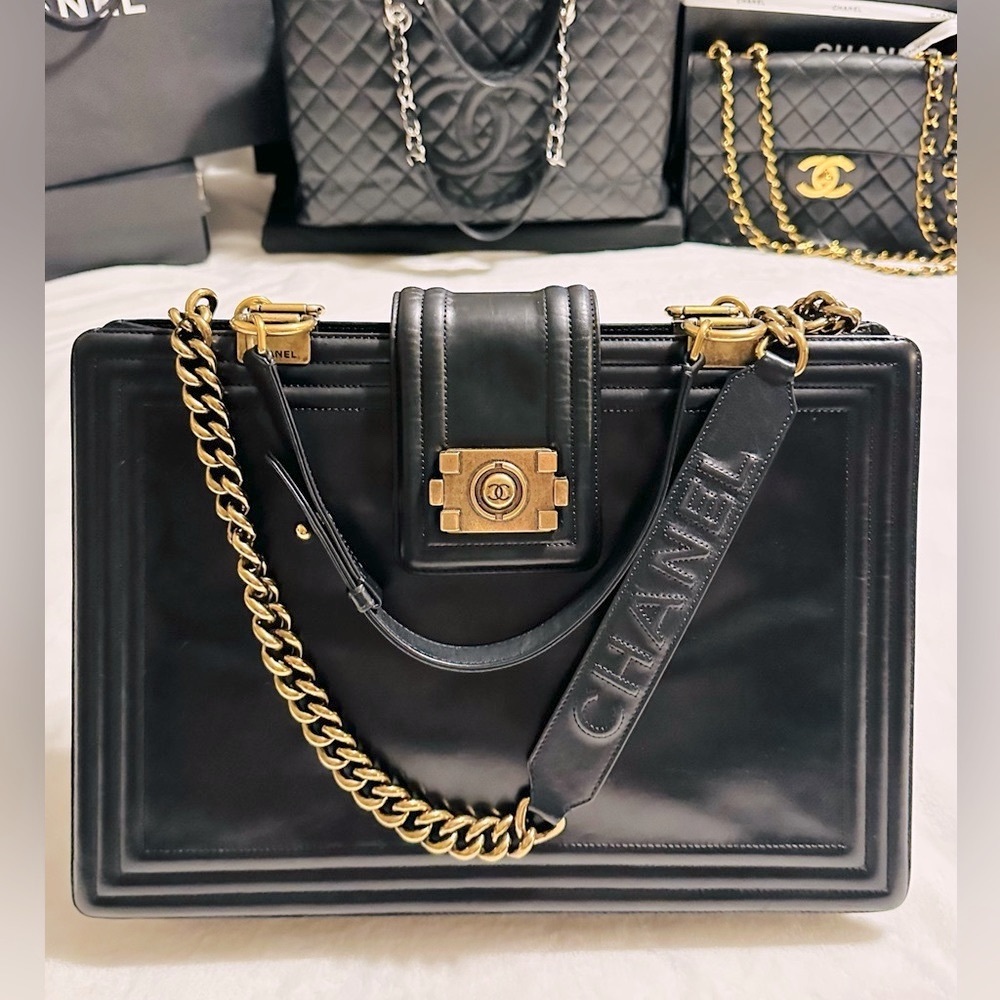 Chanel Calfskin Glazed Black two- way LeBoy Bag with gold/bronze Hardware